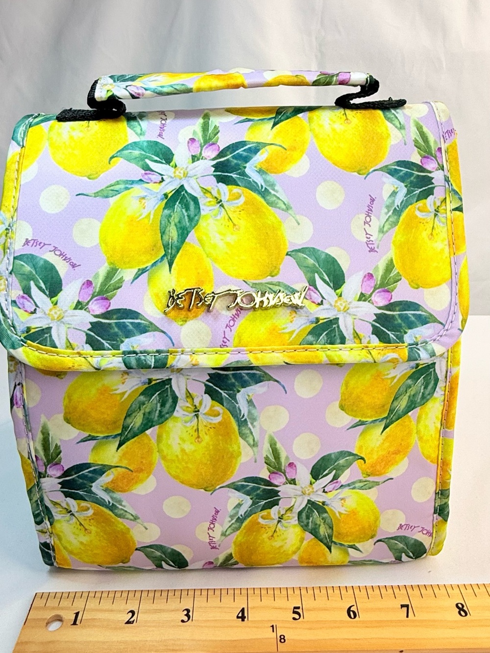 Betsy Johnson Yellow & Lavender Lemon Print Lunch Tote Bag NWOT